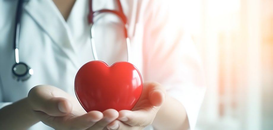 Doctor's hand holding a red heart shape in a hospital. love, don