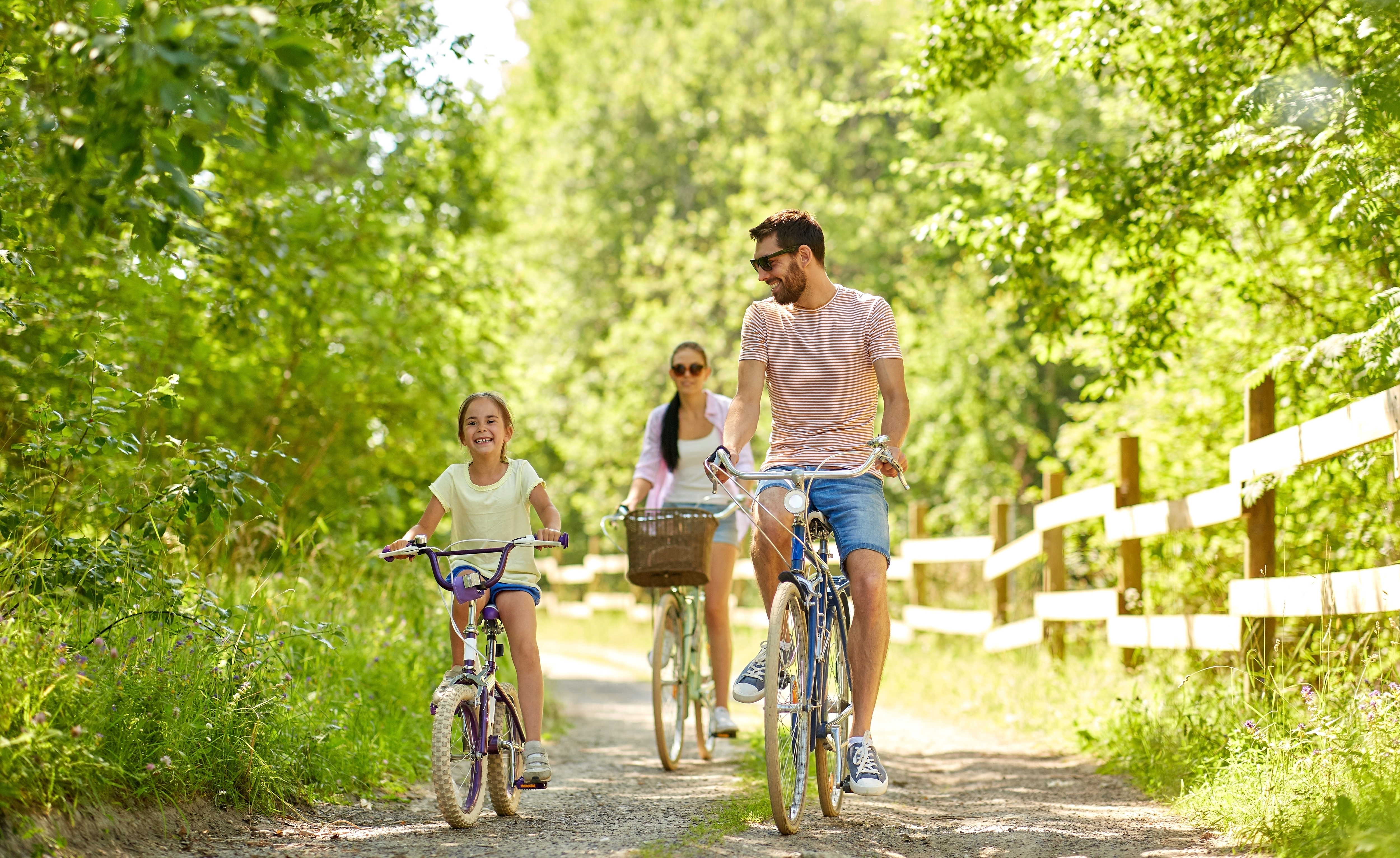 happy family riding bicycles in summer park